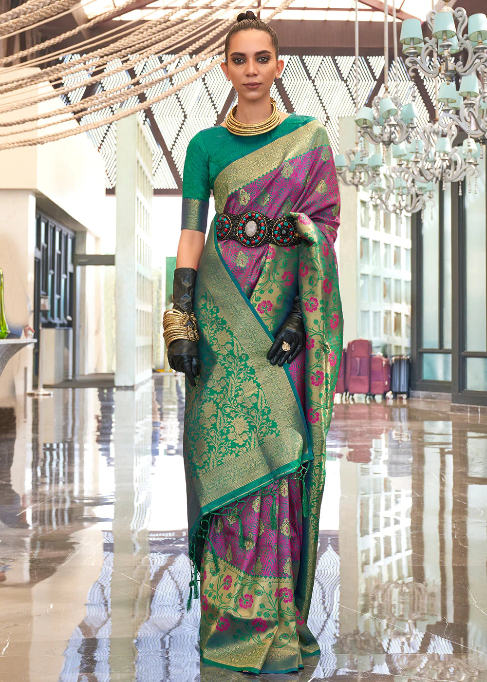 PURPLE & GREEN ZARI HANDLOOM WEAVING BANARASI SILK SAREE