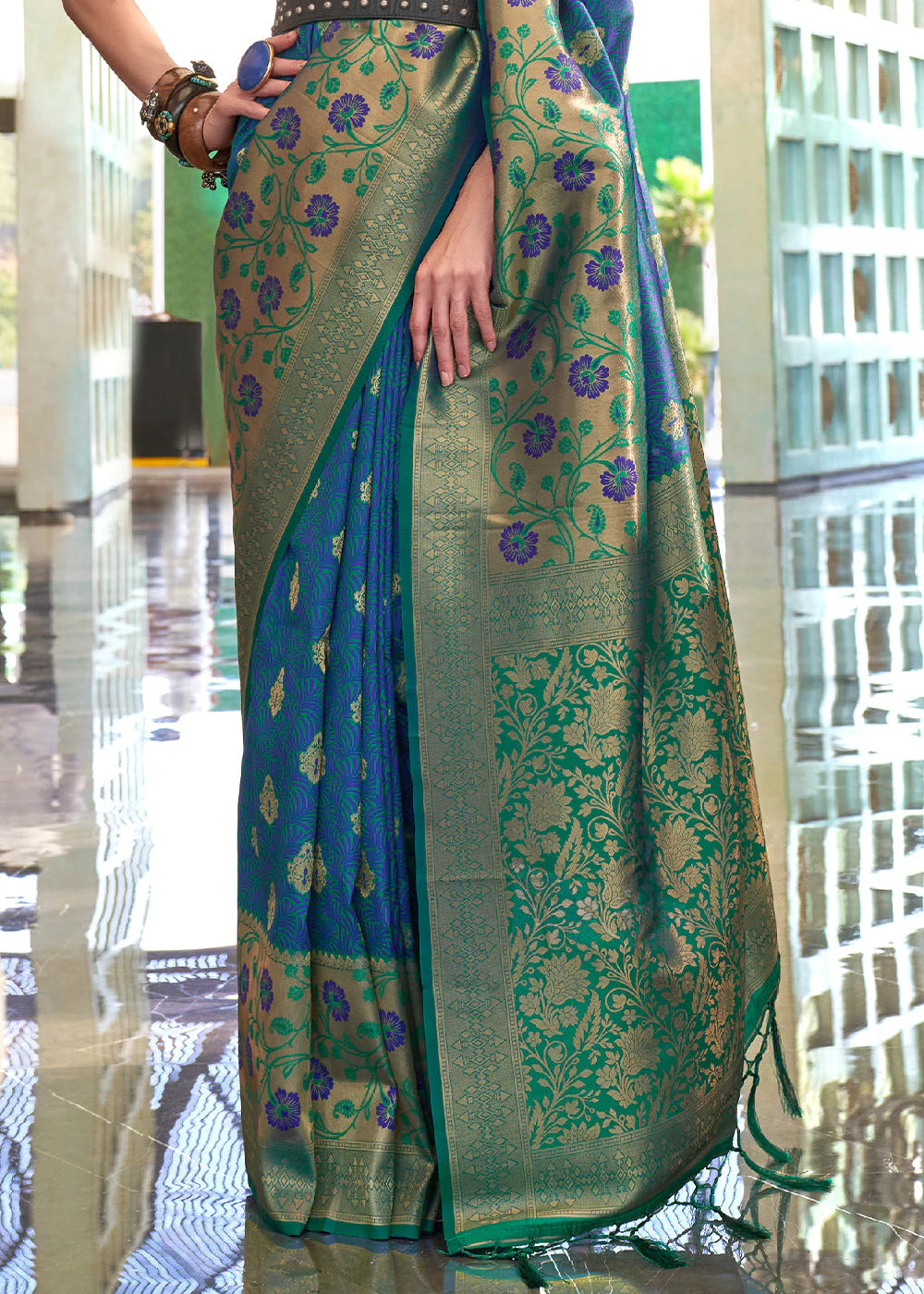 BLUE & GREEN ZARI HANDLOOM WEAVING BANARASI SILK SAREE