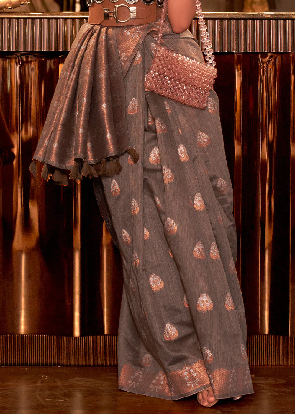 FAWN BROWN COPPER ZARI WOVEN LINEN SILK SAREE