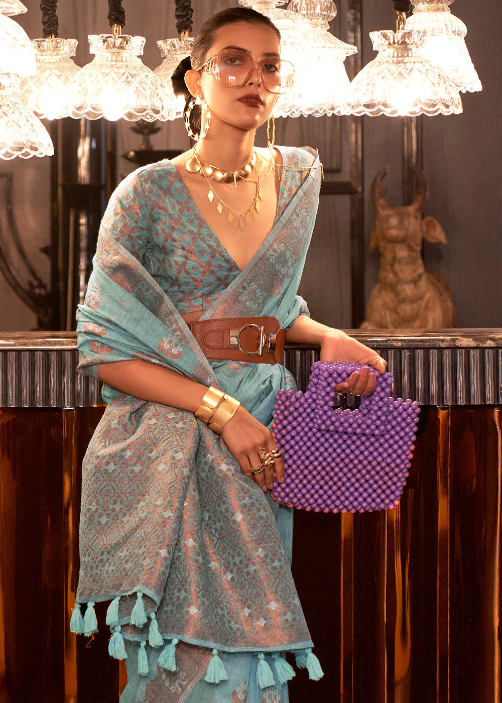 CERULEAN BLUE COPPER ZARI WOVEN LINEN SILK SAREE