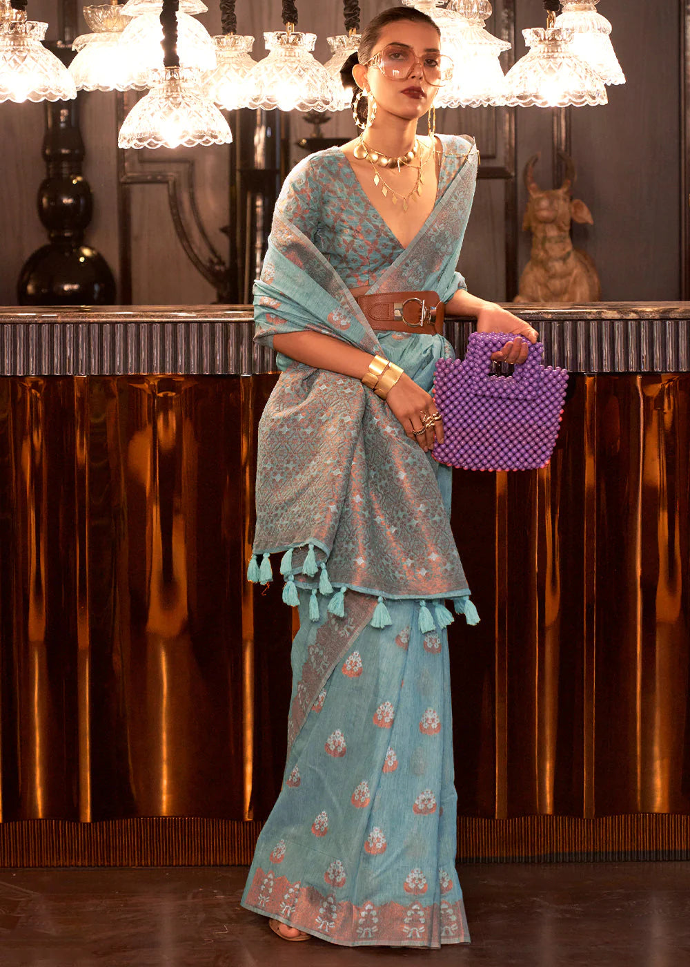 CERULEAN BLUE COPPER ZARI WOVEN LINEN SILK SAREE