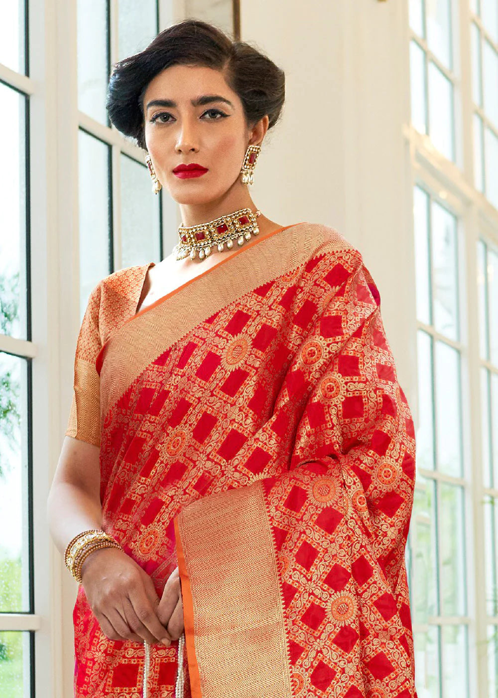 Opulence Red Woven Patola Fusion Banarasi Saree With Brocade Blouse"