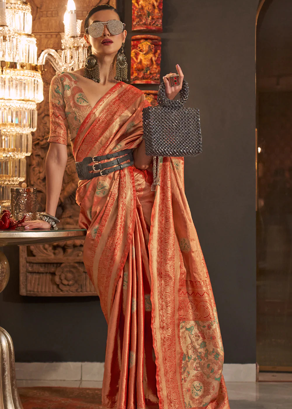 SUNSET ORANGE Dual Tone Woven Handloom Weaving Kanjivaram Silk Saree