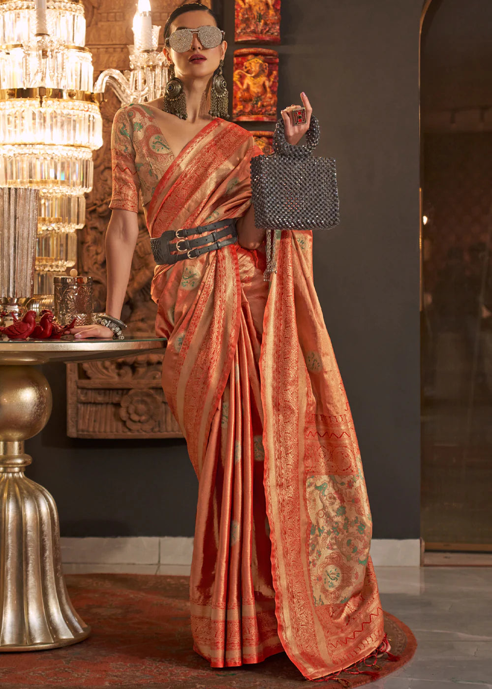 SUNSET ORANGE Dual Tone Woven Handloom Weaving Kanjivaram Silk Saree