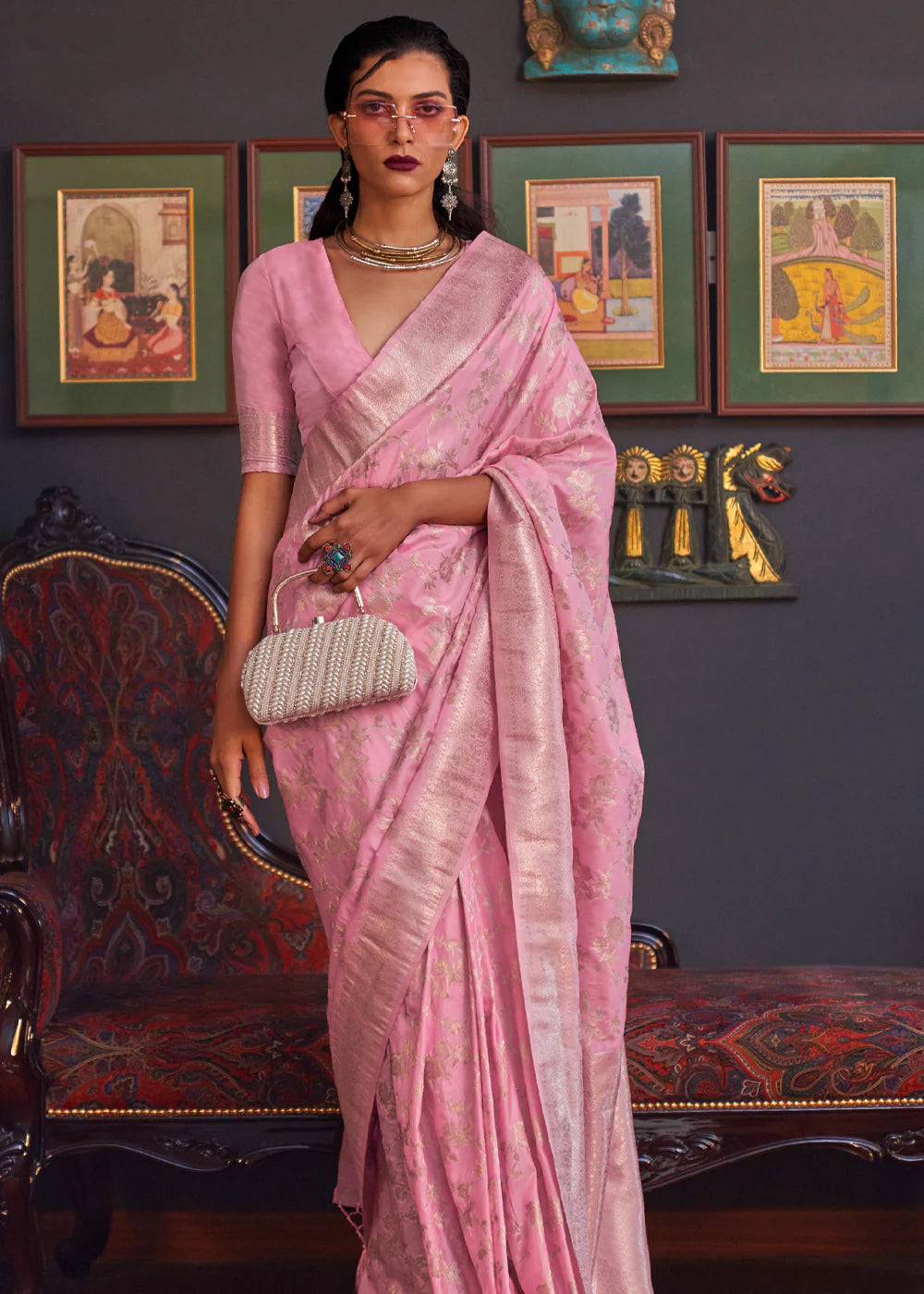 BLUSH PINK KATAN HABUTAI KANJIVARAM SILK HANDLOOM WEAVING SAREE