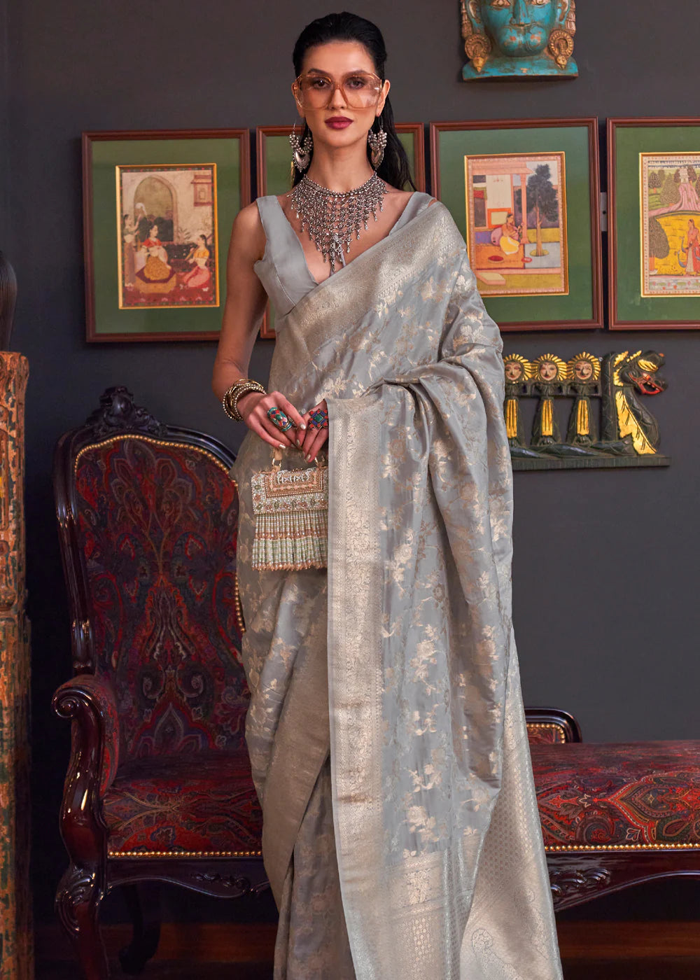 ARGENT GREY KATAN HABUTAI KANJIVARAM SILK HANDLOOM WEAVING SAREE