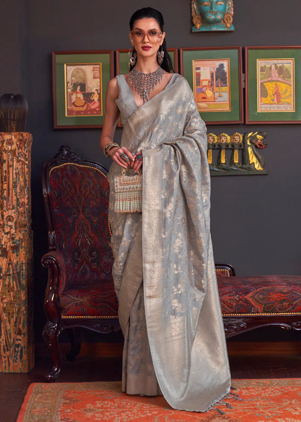 ARGENT GREY KATAN HABUTAI KANJIVARAM SILK HANDLOOM WEAVING SAREE