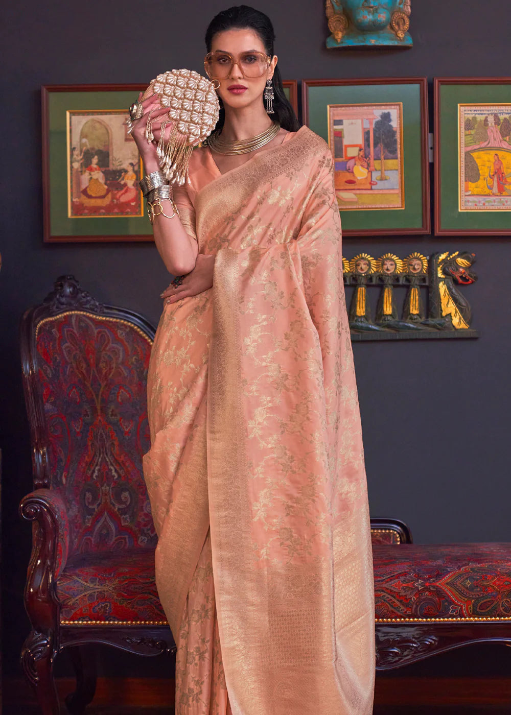 Cantaloupe Peach KATAN HABUTAI KANJIVARAM SILK HANDLOOM WEAVING SAREE