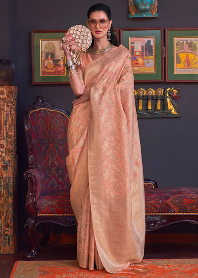 Cantaloupe Peach KATAN HABUTAI KANJIVARAM SILK HANDLOOM WEAVING SAREE