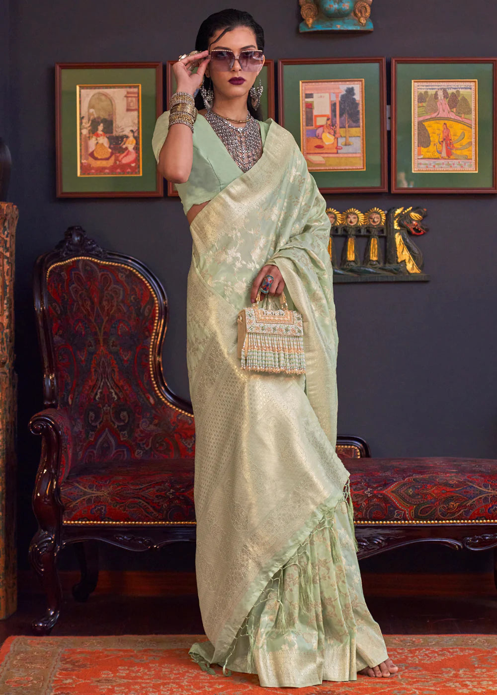 Mint Green KATAN HABUTAI KANJIVARAM SILK HANDLOOM WEAVING SAREE