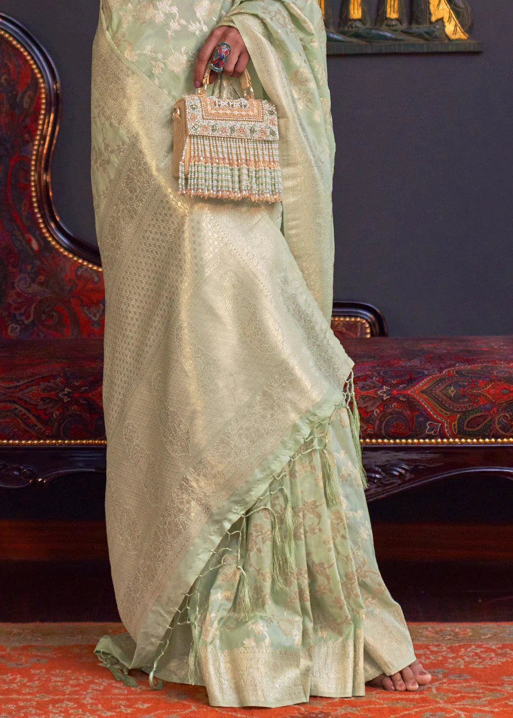 Mint Green KATAN HABUTAI KANJIVARAM SILK HANDLOOM WEAVING SAREE