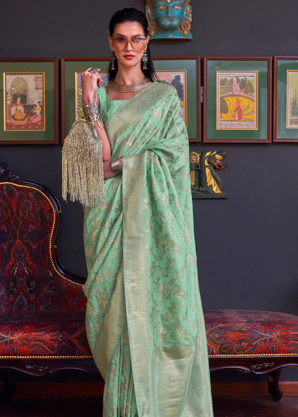 OLIVE GREEN KATAN HABUTAI KANJIVARAM SILK HANDLOOM WEAVING SAREE