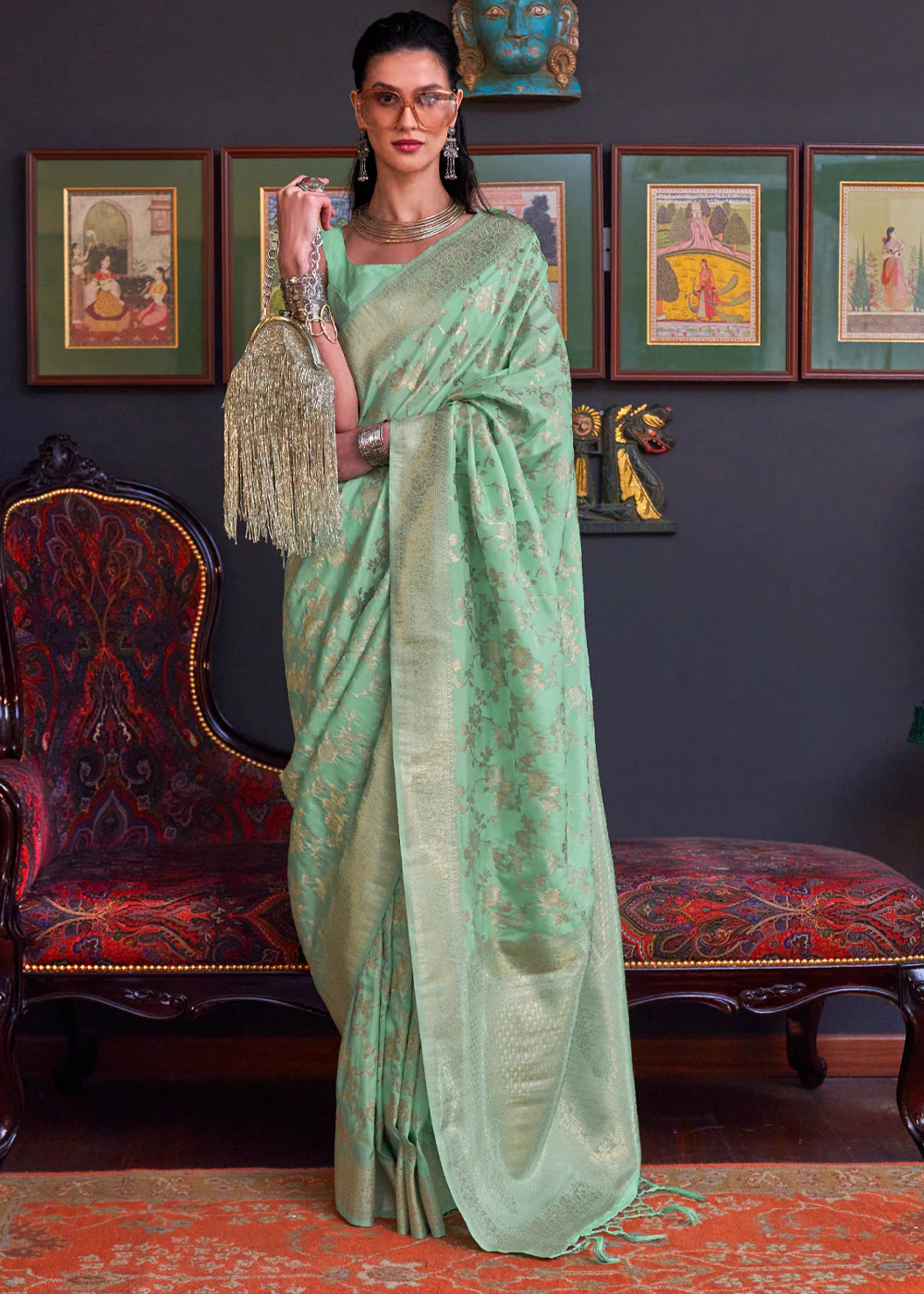 OLIVE GREEN KATAN HABUTAI KANJIVARAM SILK HANDLOOM WEAVING SAREE