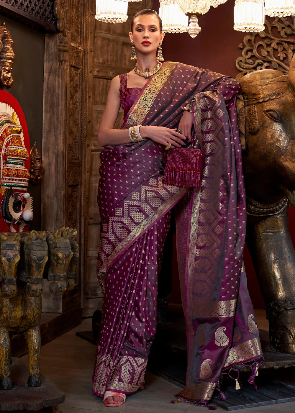 PURPLE HANDLOOM WOVEN SATIN SILK SAREE