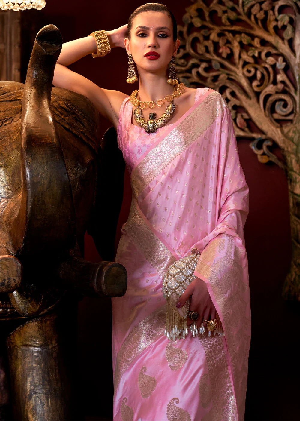 PINK HANDLOOM WOVEN SATIN SILK SAREE