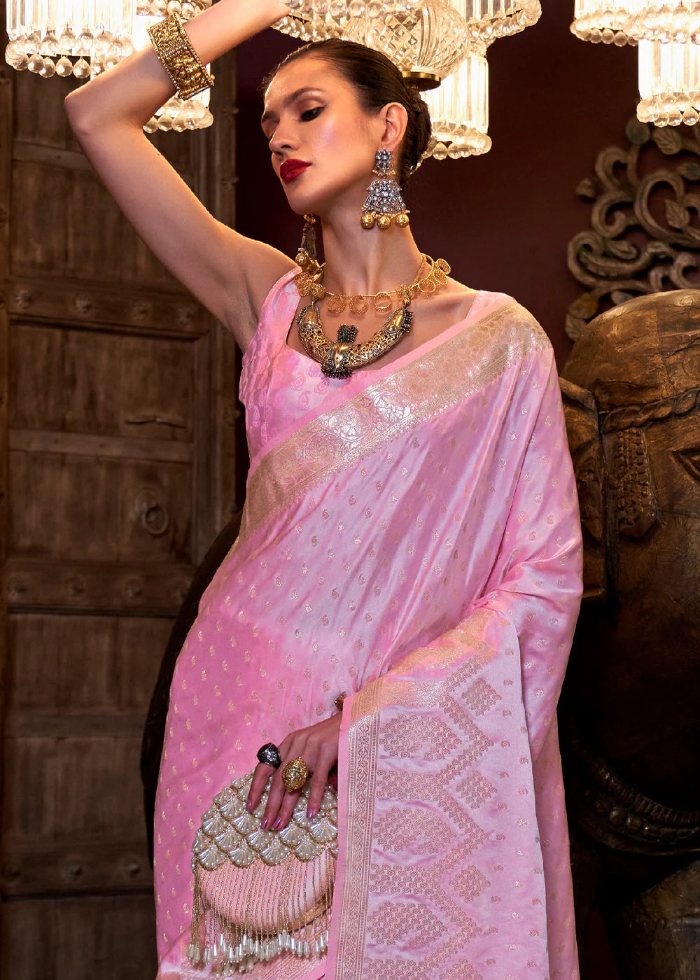 PINK HANDLOOM WOVEN SATIN SILK SAREE