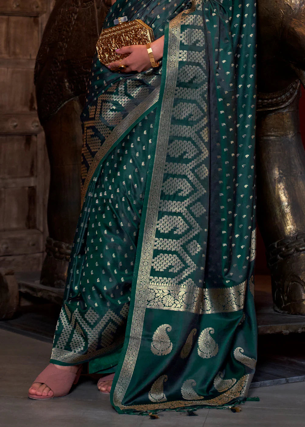 SACRAMENTO GREEN HANDLOOM WOVEN SATIN SILK SAREE