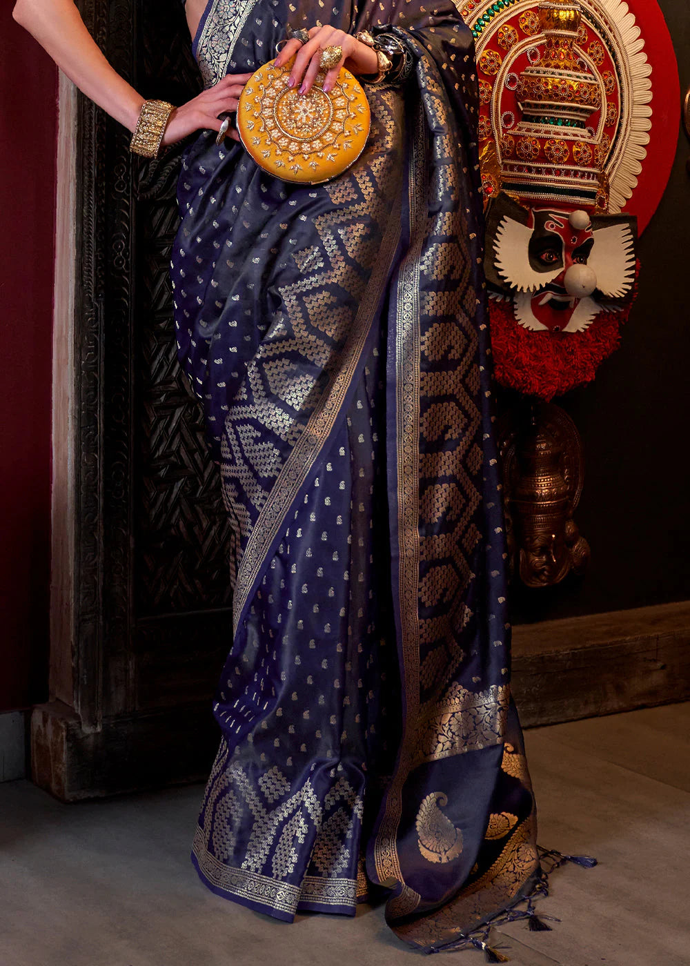 ROYEAL DARK BLUE HANDLOOM WOVEN SATIN SILK SAREE