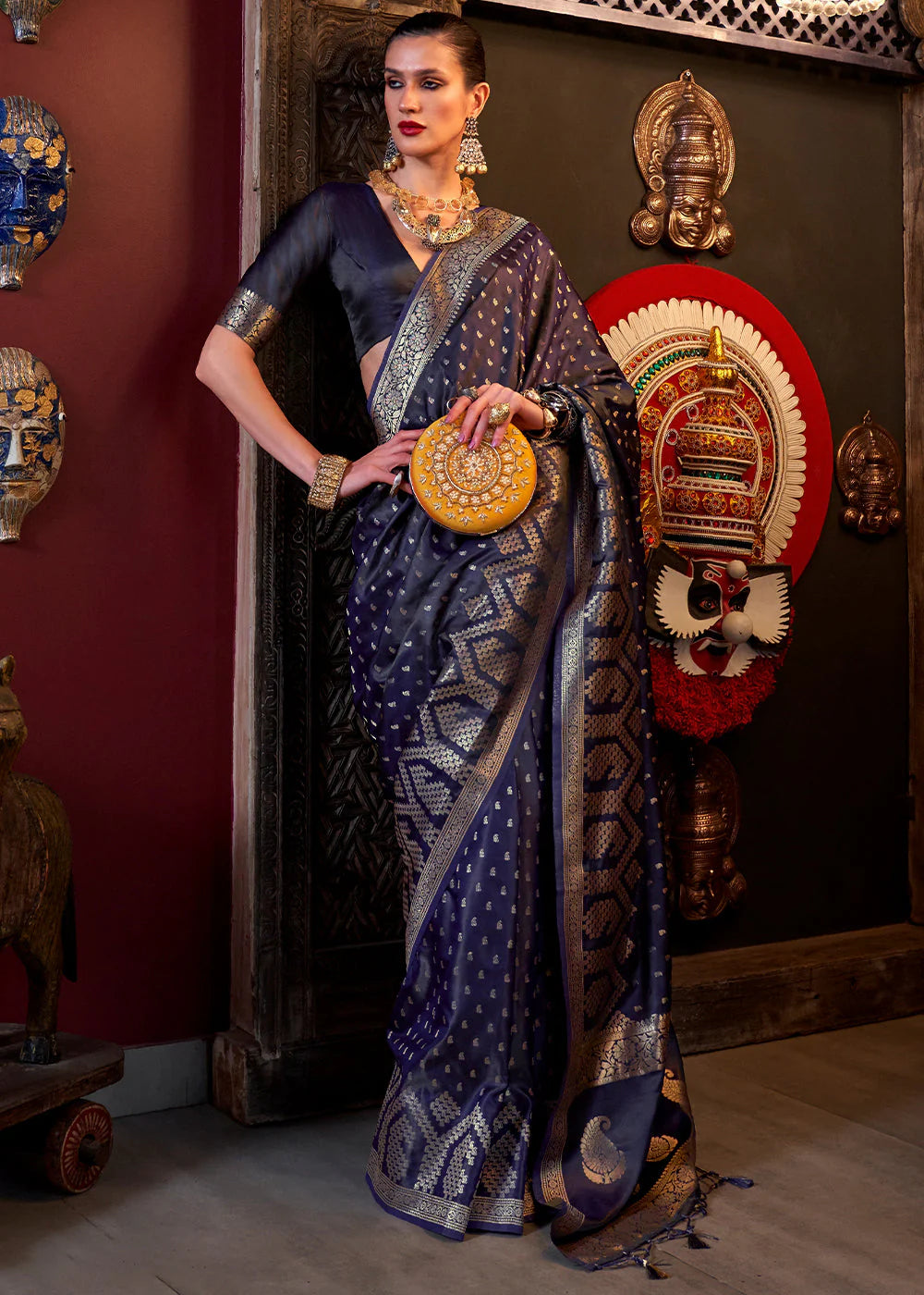 ROYEAL DARK BLUE HANDLOOM WOVEN SATIN SILK SAREE