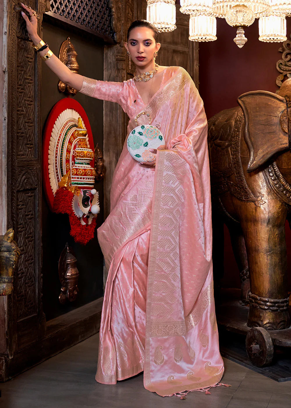 BABY PINK HANDLOOM WOVEN SATIN SILK SAREE