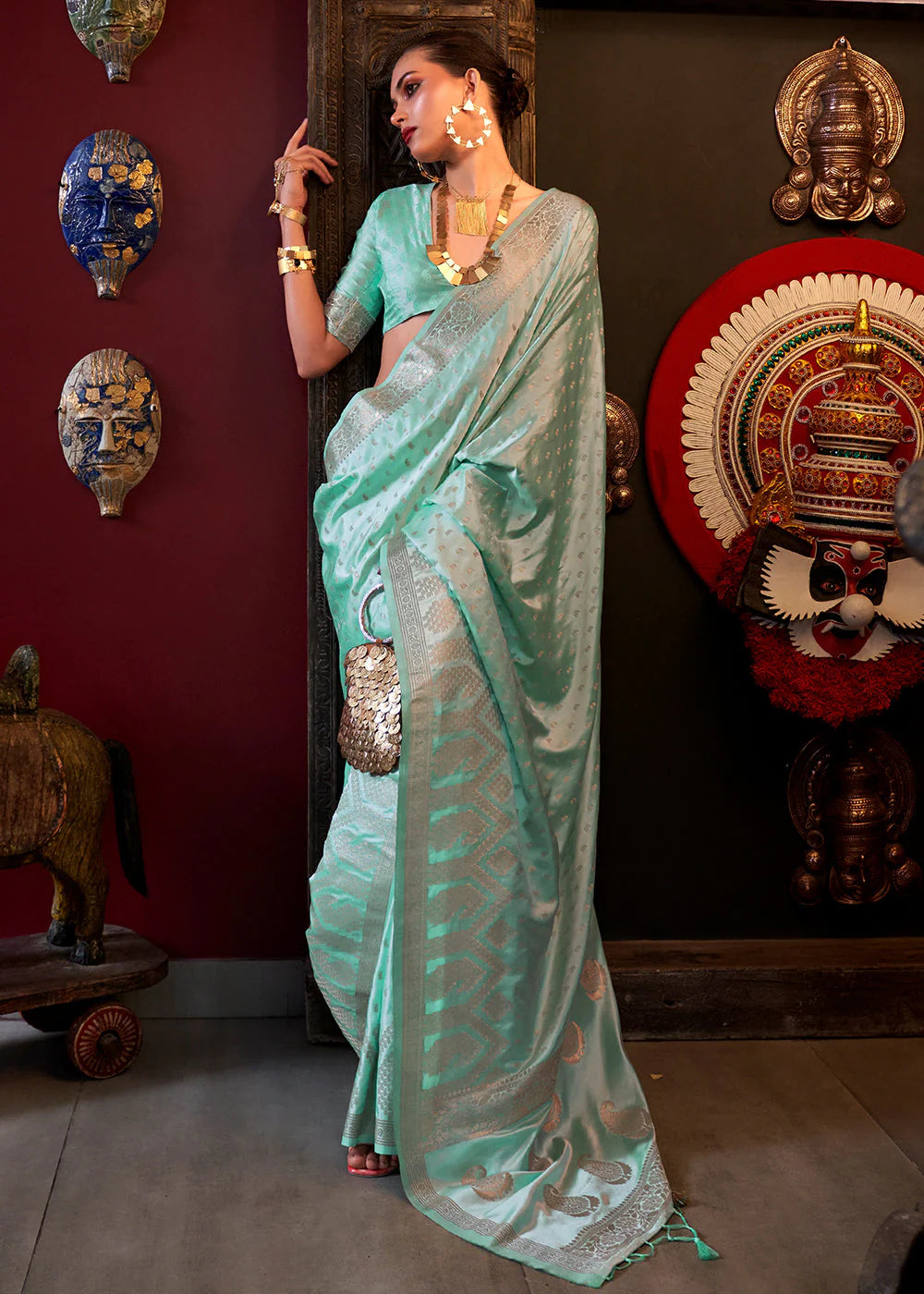 WATER BLUE HANDLOOM WOVEN SATIN SILK SAREE