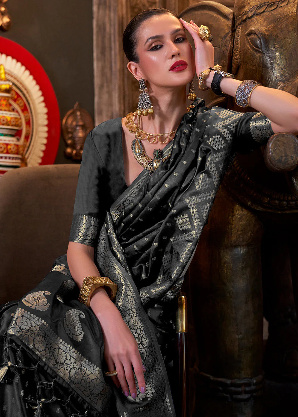 CHARCOAL BLACK HANDLOOM WOVEN SATIN SILK SAREE