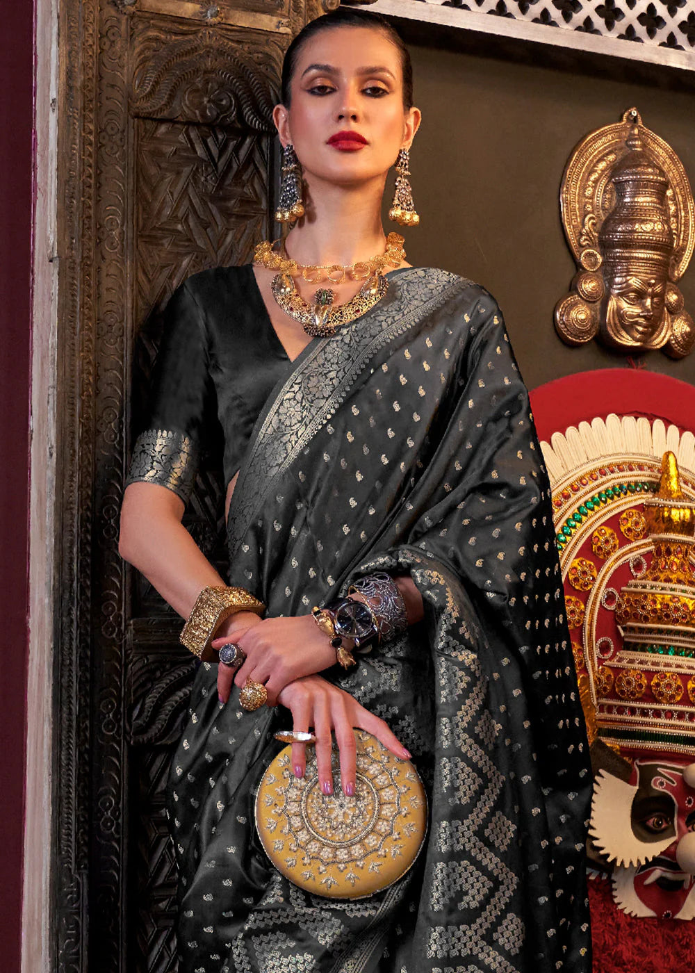 CHARCOAL BLACK HANDLOOM WOVEN SATIN SILK SAREE