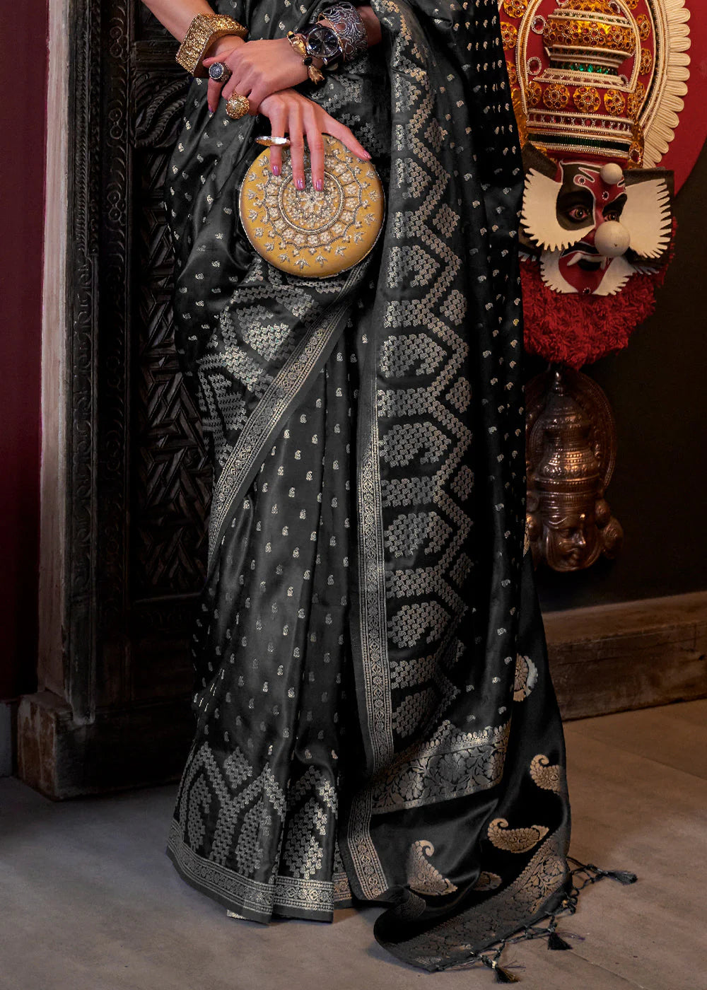 CHARCOAL BLACK HANDLOOM WOVEN SATIN SILK SAREE