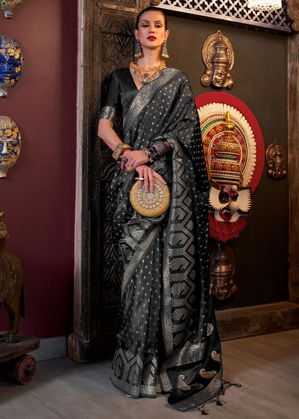 CHARCOAL BLACK HANDLOOM WOVEN SATIN SILK SAREE