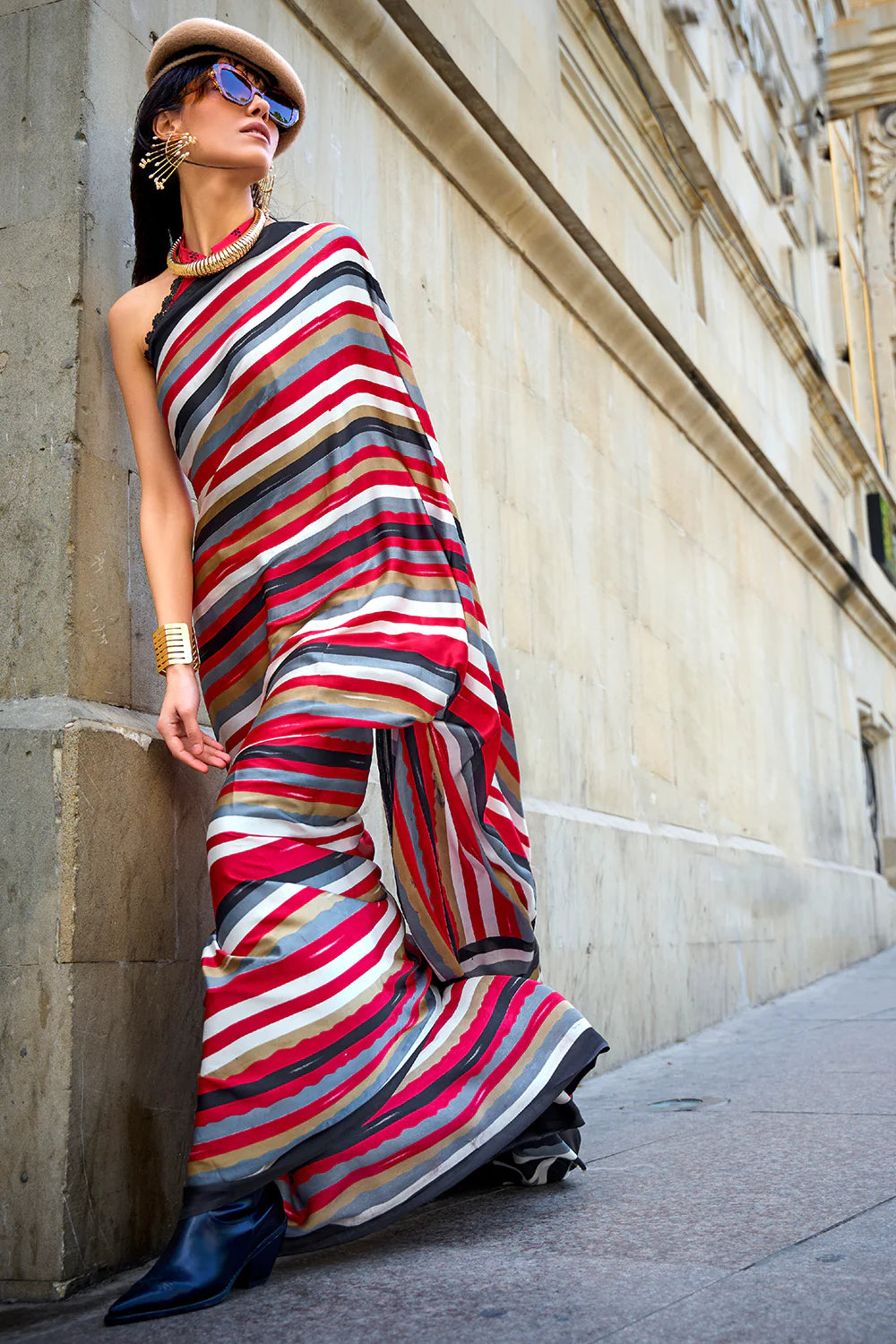 BARN RED DESIGNER SATIN CREPE PRINTED SAREE