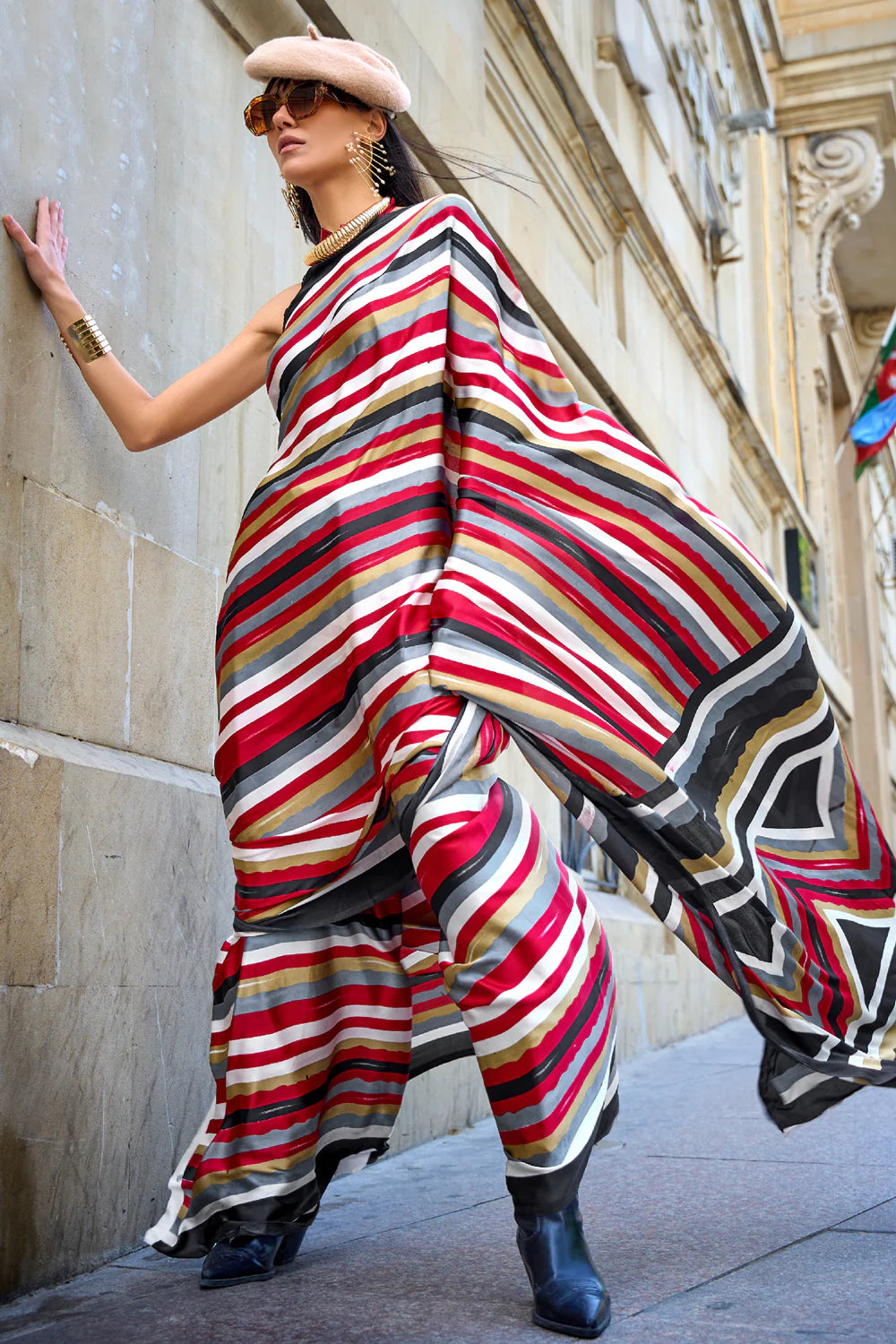 BARN RED DESIGNER SATIN CREPE PRINTED SAREE