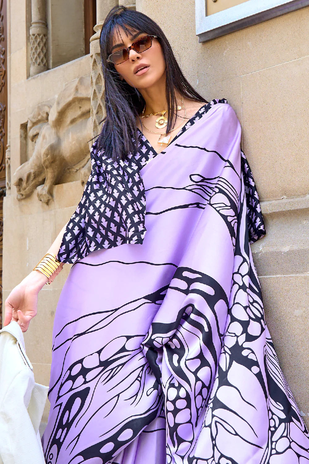 IRIS LAVENDER DESIGNER SATIN CREPE PRINTED SAREE