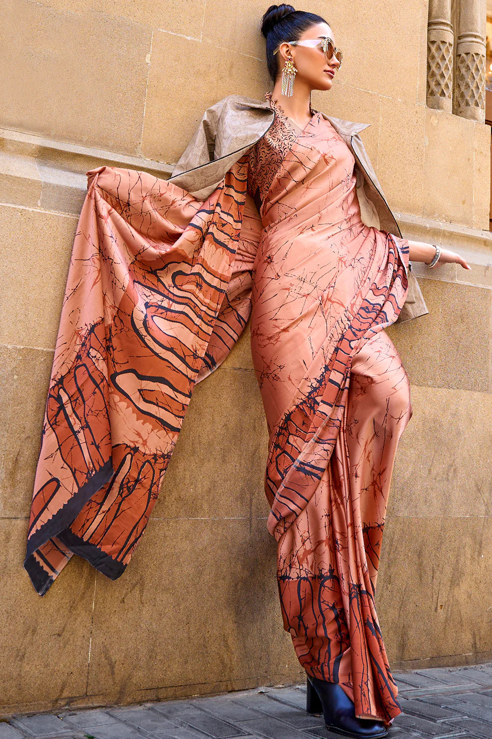 WOOD BROWN DESIGNER SATIN CREPE PRINTED SAREE