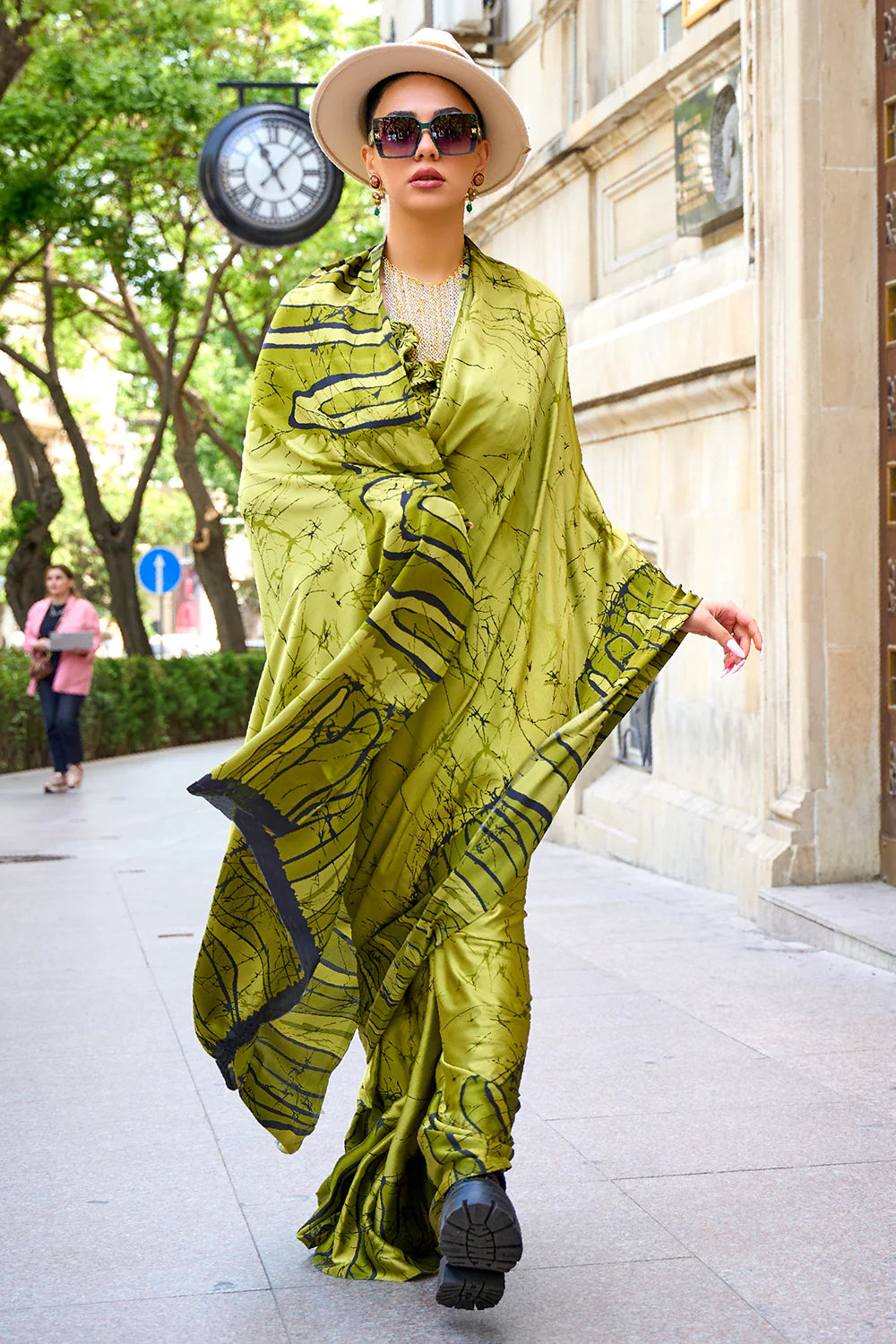 KELLY GREEN DESIGNER SATIN CREPE PRINTED SAREE