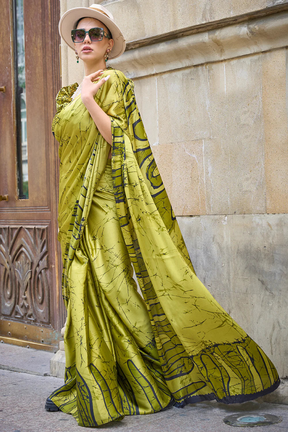 KELLY GREEN DESIGNER SATIN CREPE PRINTED SAREE