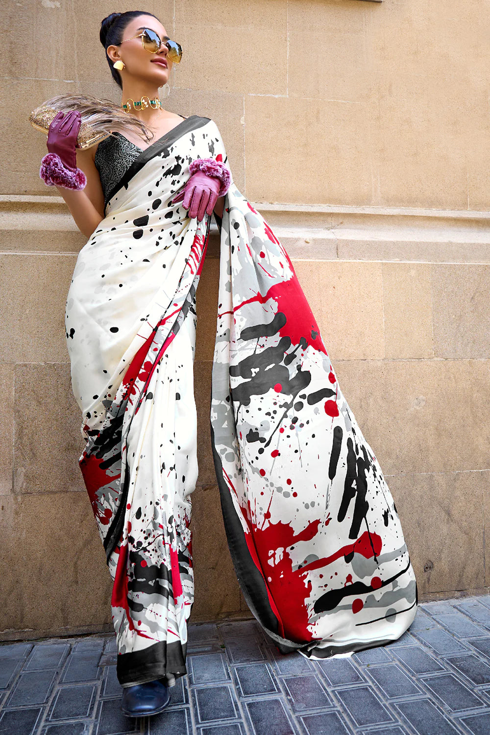 IVORY WHITE DESIGNER SATIN CREPE PRINTED SAREE