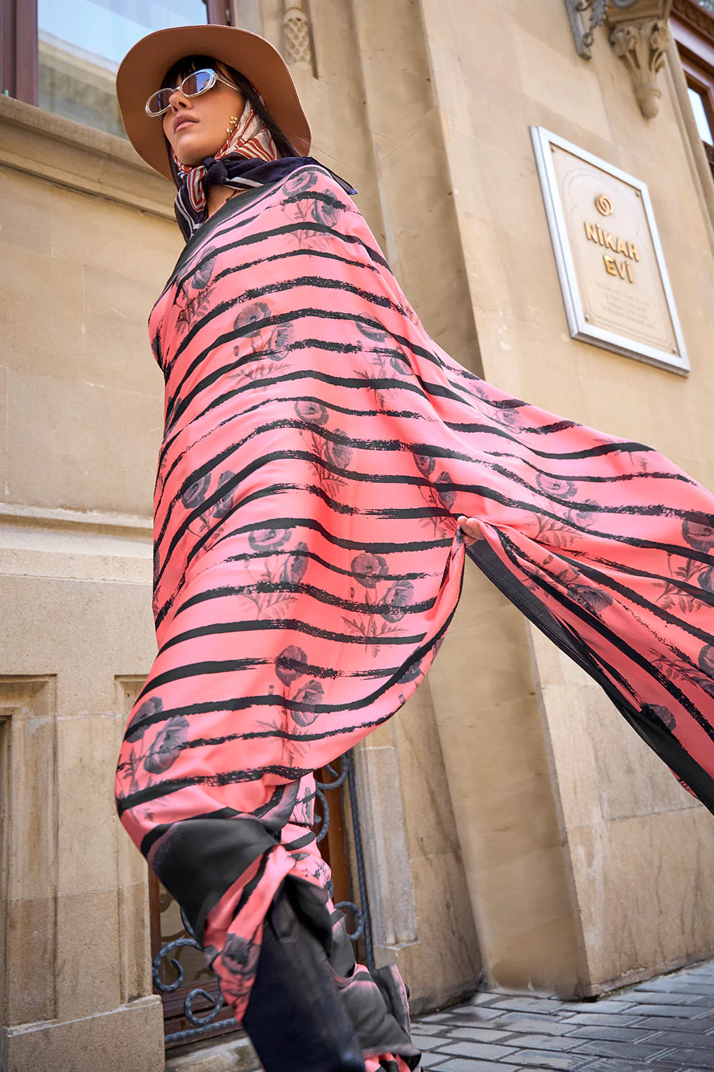 BRICK PINK & BLACK DESIGNER SATIN CREPE PRINTED SAREE