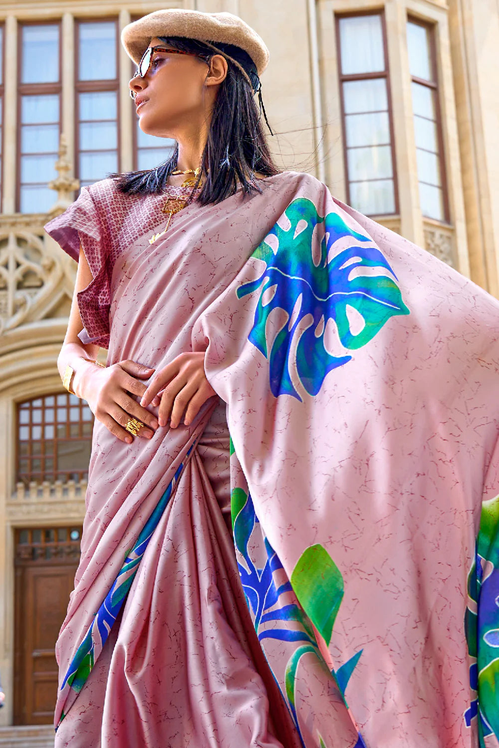 IVORY PINK & BLUE DESIGNER SATIN CREPE PRINTED SAREE