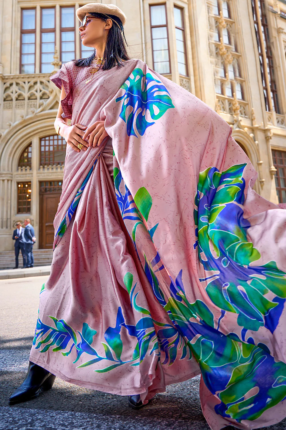 IVORY PINK & BLUE DESIGNER SATIN CREPE PRINTED SAREE