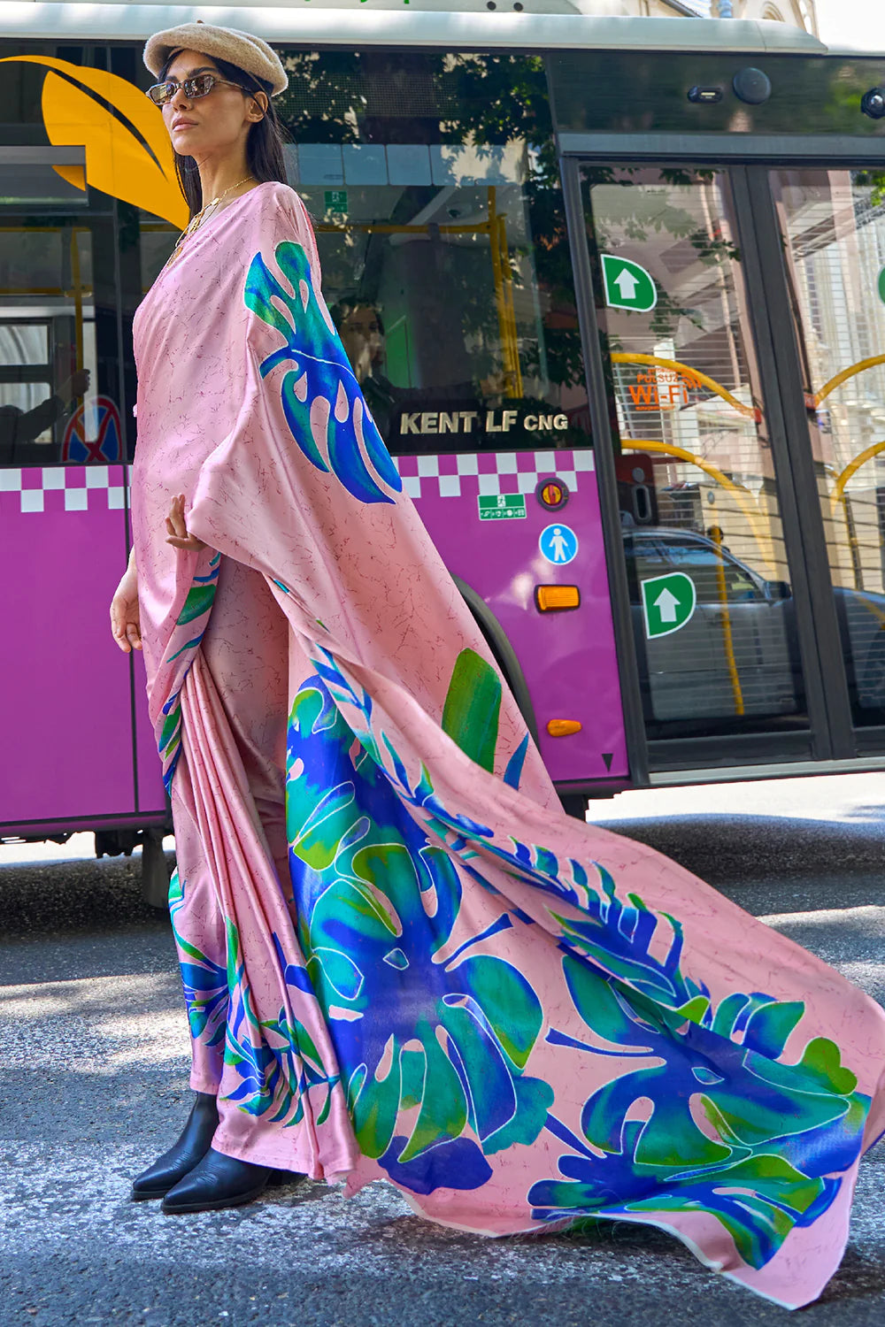 IVORY PINK & BLUE DESIGNER SATIN CREPE PRINTED SAREE