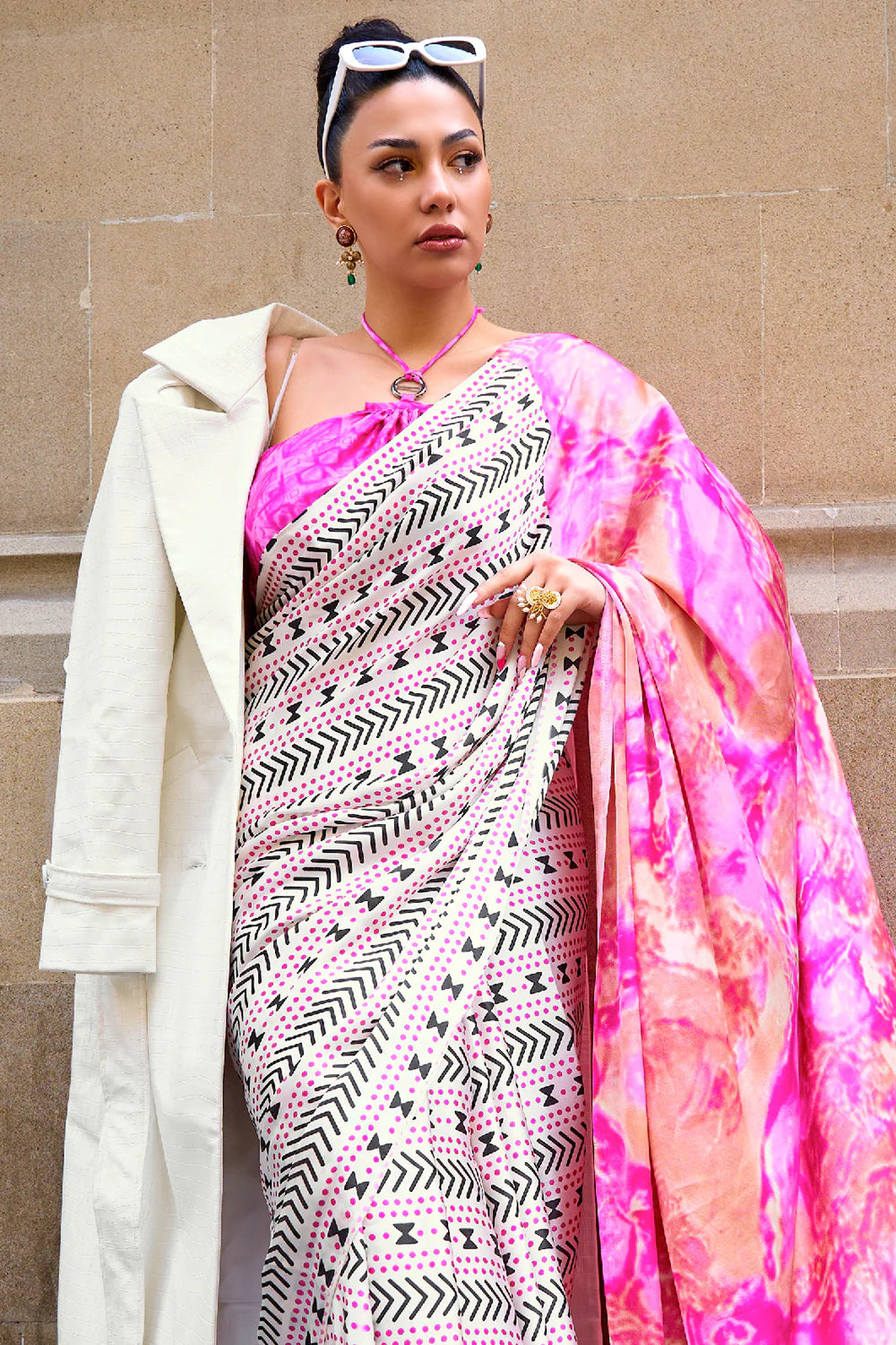 TAFFY PINK & WHITE DESIGNER SATIN CREPE PRINTED SAREE