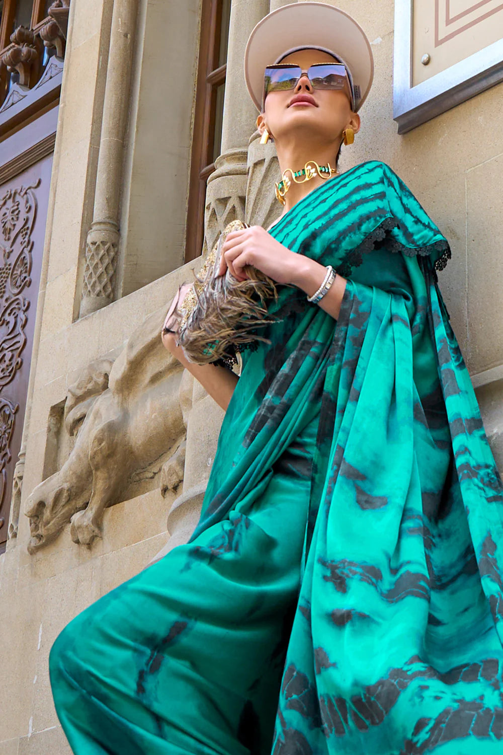 NEON GREEN & BLACK DESIGNER SATIN CREPE PRINTED SAREE