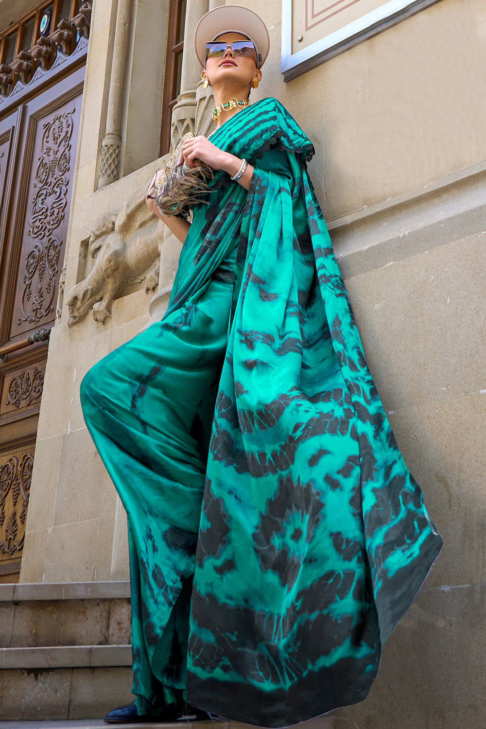 NEON GREEN & BLACK DESIGNER SATIN CREPE PRINTED SAREE