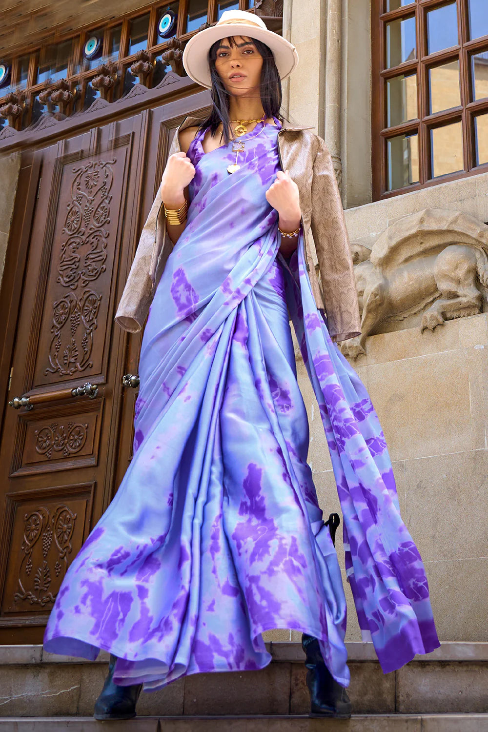 LAVENDER DESIGNER SATIN CREPE PRINTED SAREE