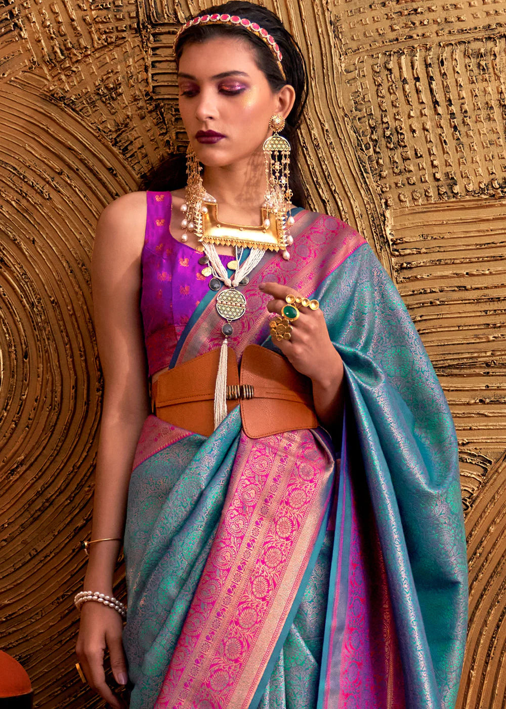 FRENCH BLUE HANDLOOM WOVEN DESIGNER SILK SAREE