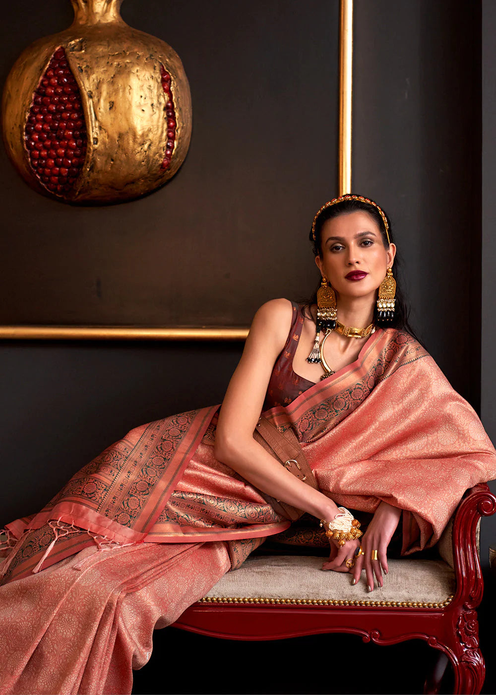 PEACH PINK HANDLOOM WOVEN DESIGNER SILK SAREE