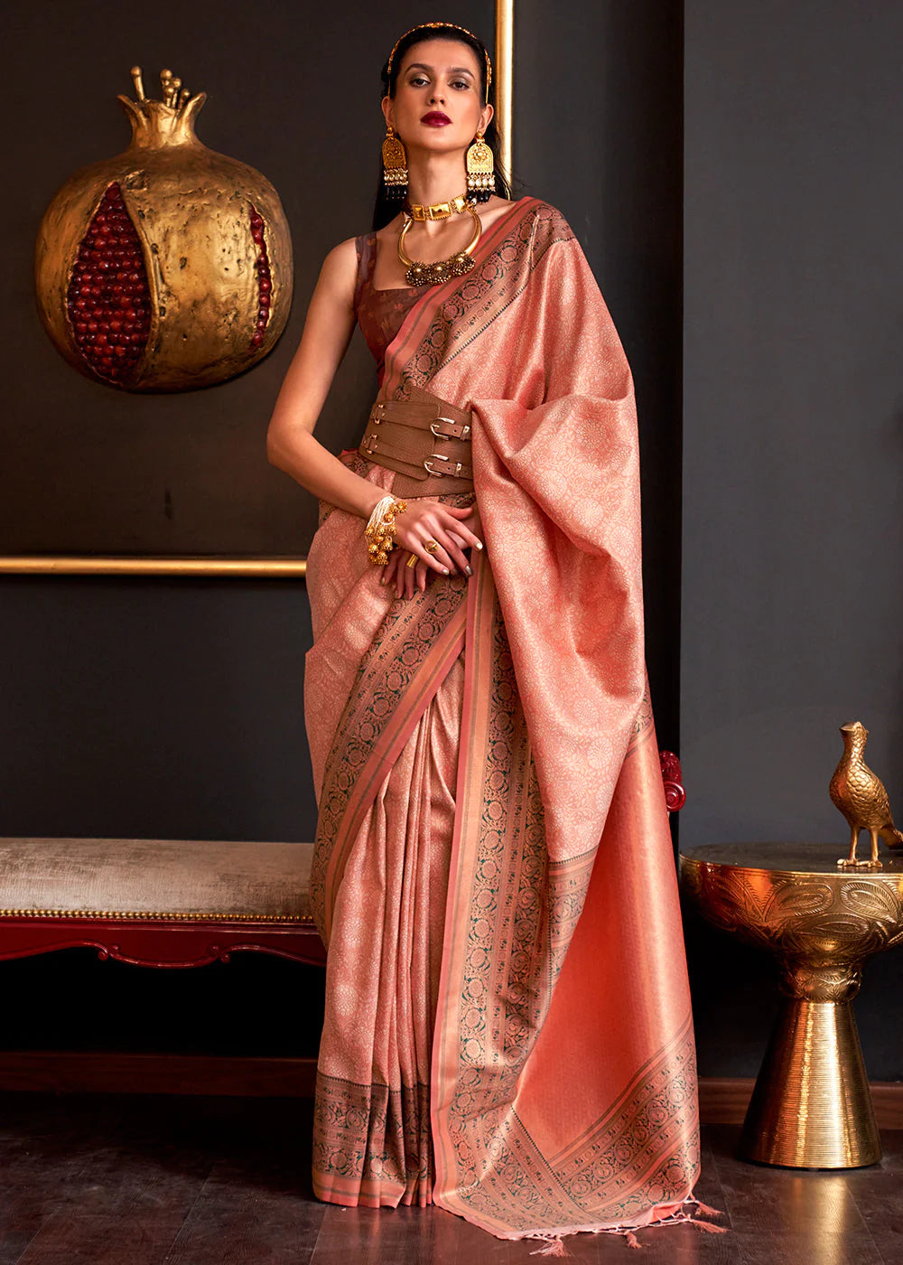 PEACH PINK HANDLOOM WOVEN DESIGNER SILK SAREE