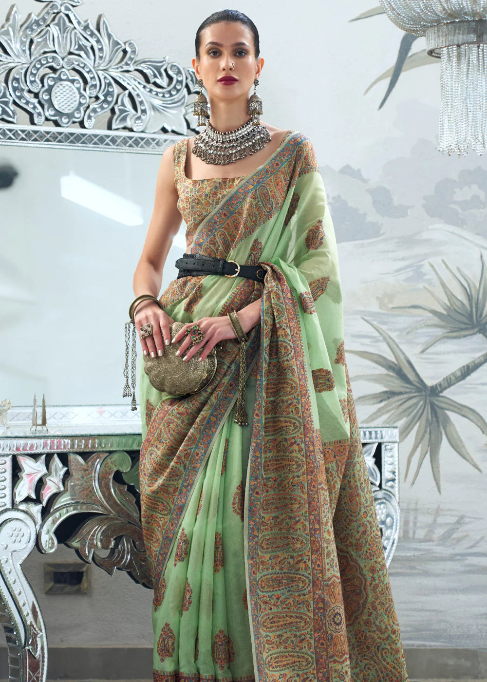 PISTA GREEN Woven Kashmiri Jamewar Silk Saree