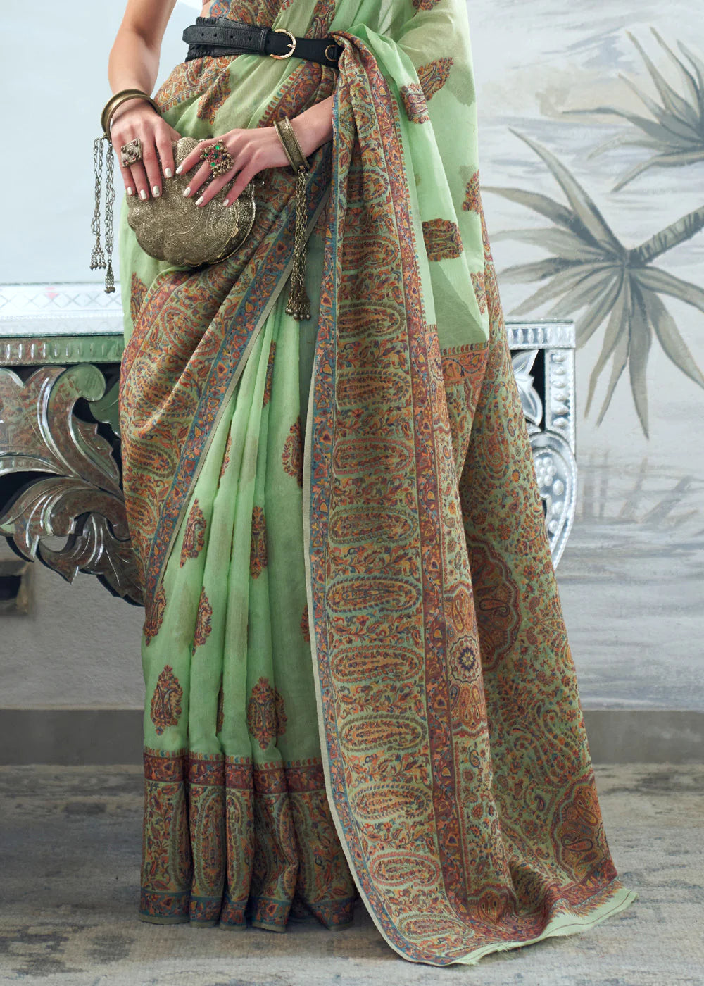 PISTA GREEN Woven Kashmiri Jamewar Silk Saree