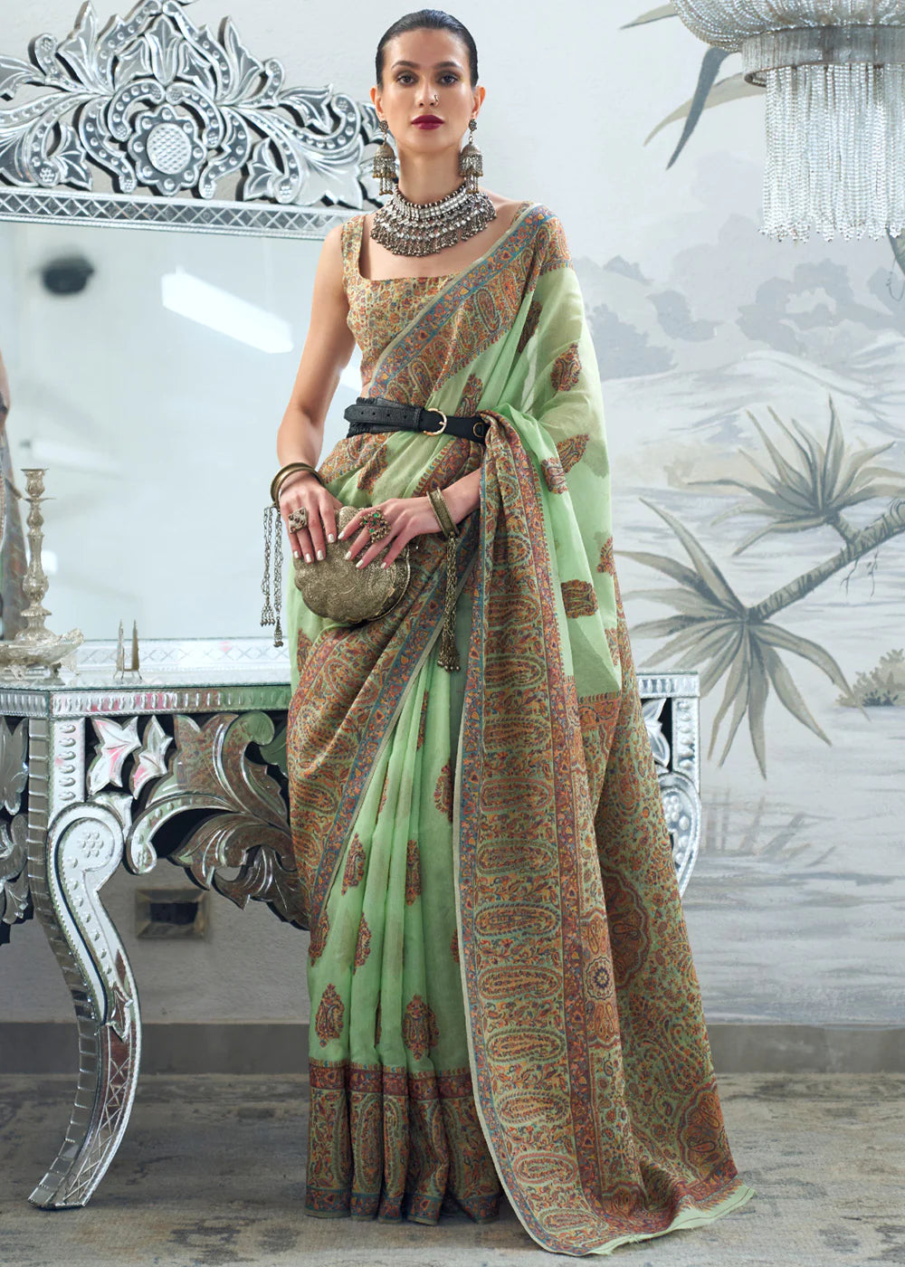 PISTA GREEN Woven Kashmiri Jamewar Silk Saree